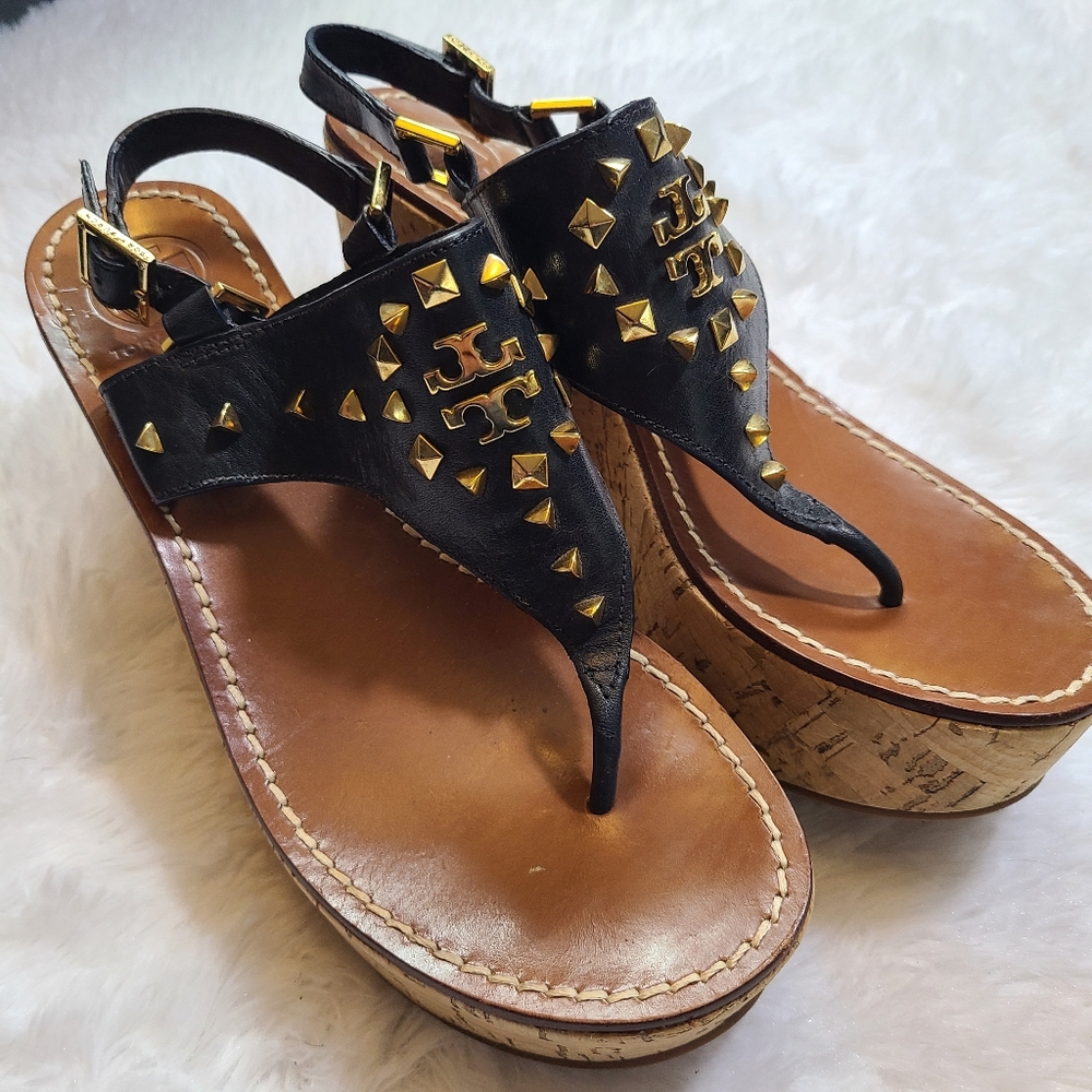 Tory Burch Black and Gold Studded Sandals